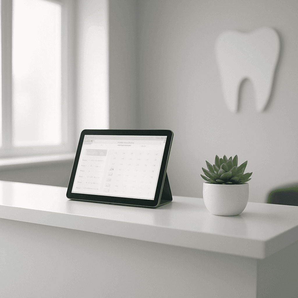 A modern dental clinic reception desk with appointment booking software