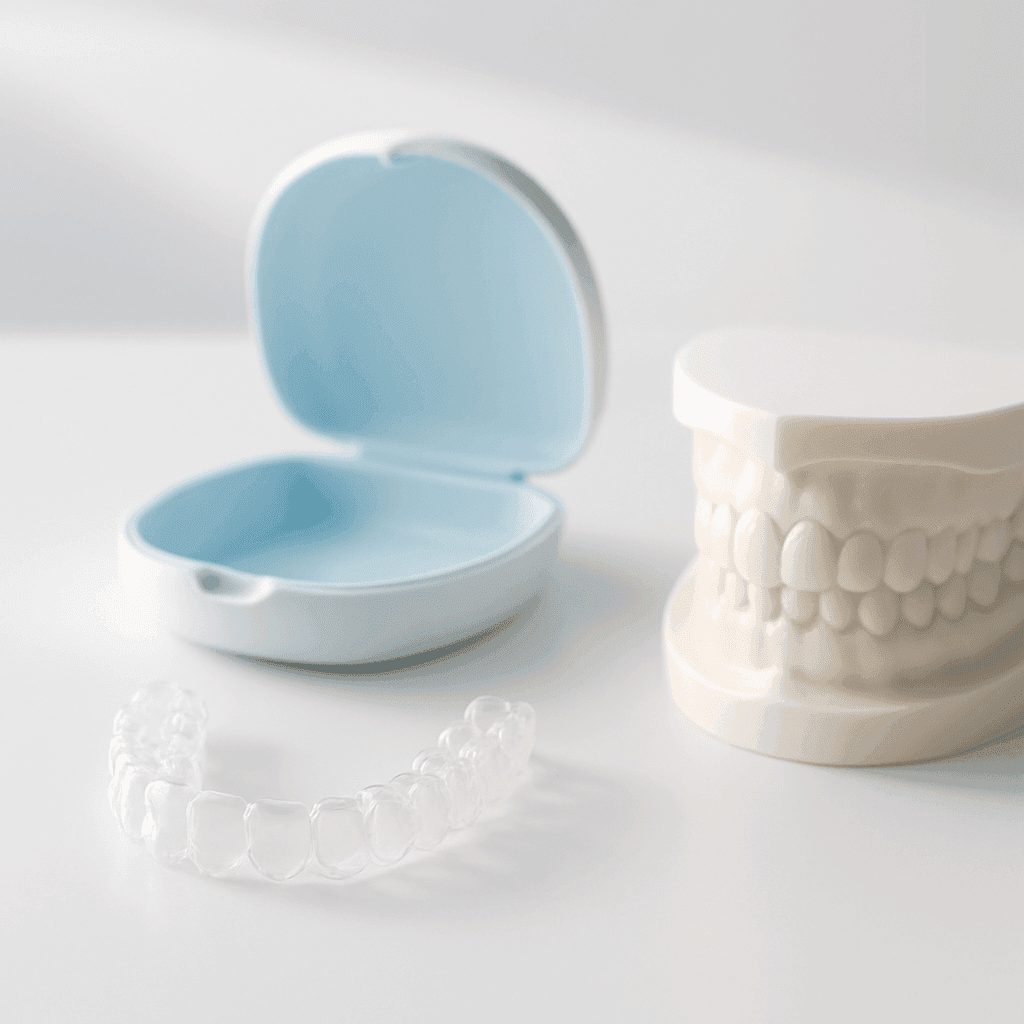 A patient holding a clear aligner with a confident smile