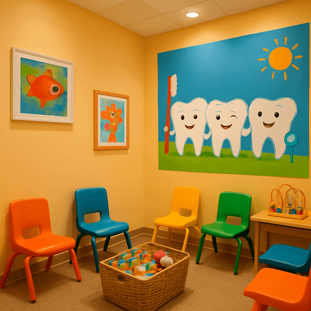 A child smiling happily in a welcoming pediatric dental office