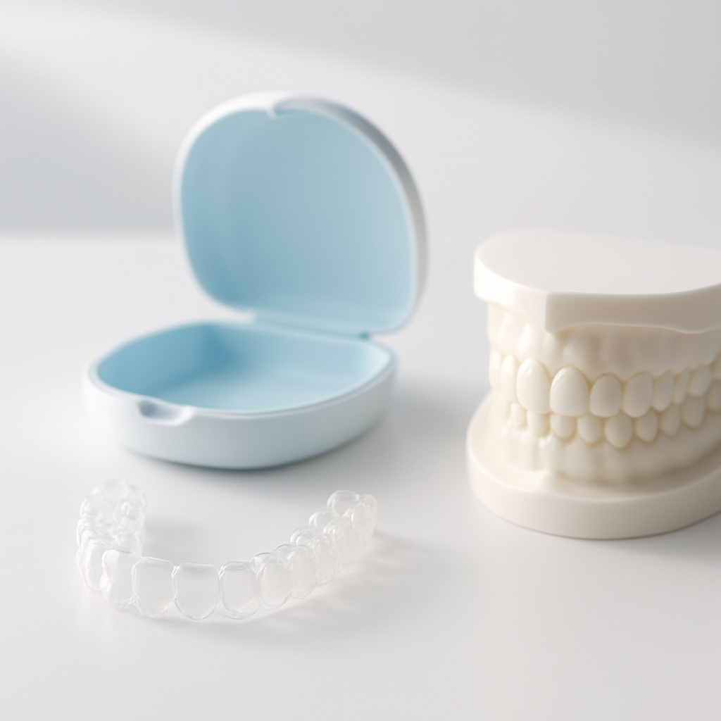 A patient holding a clear aligner with a confident smile
